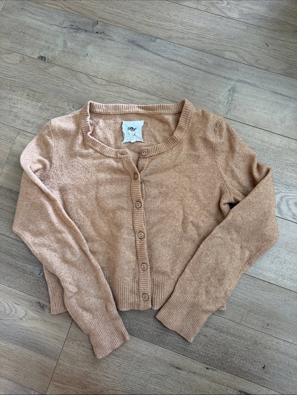 aerie Cropped Button Cardigan in Beige Tan